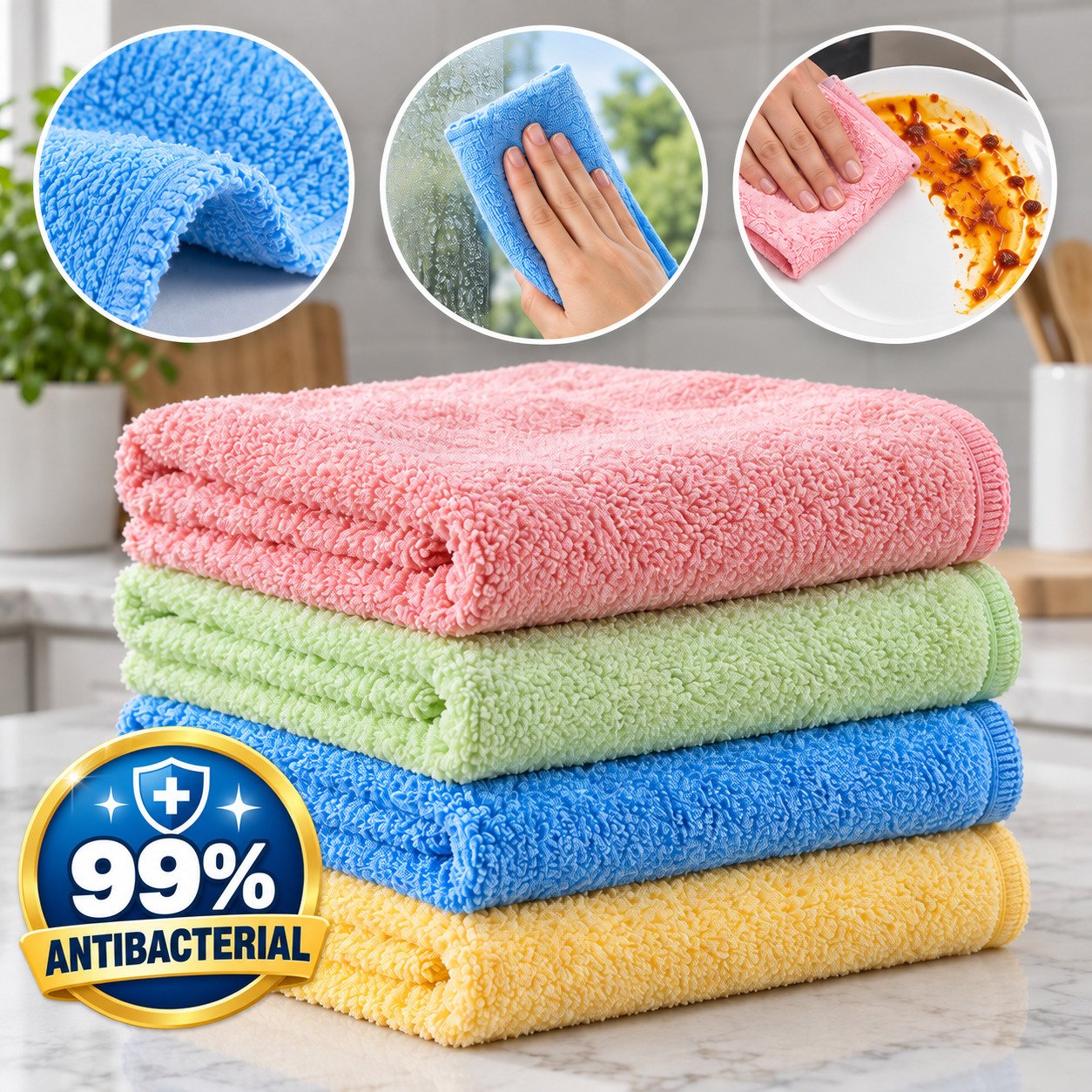 Reusable kitchen cloth available in multiple colors with 99 percent antibacterial performance