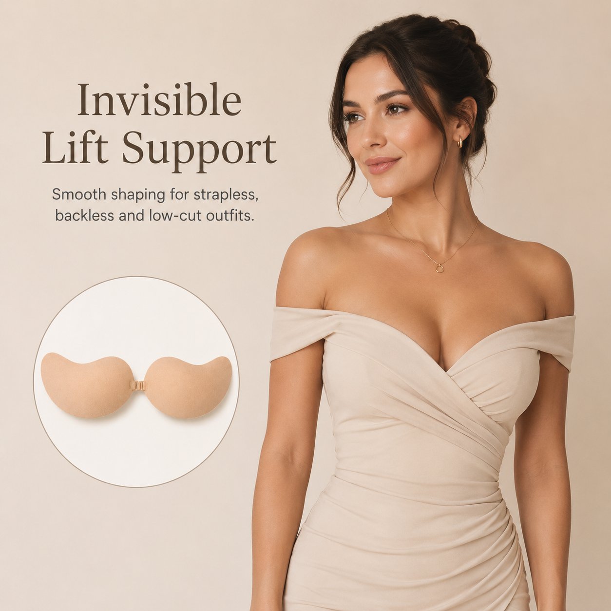 Invisible adhesive lift bra worn discreetly under an elegant strapless outfit