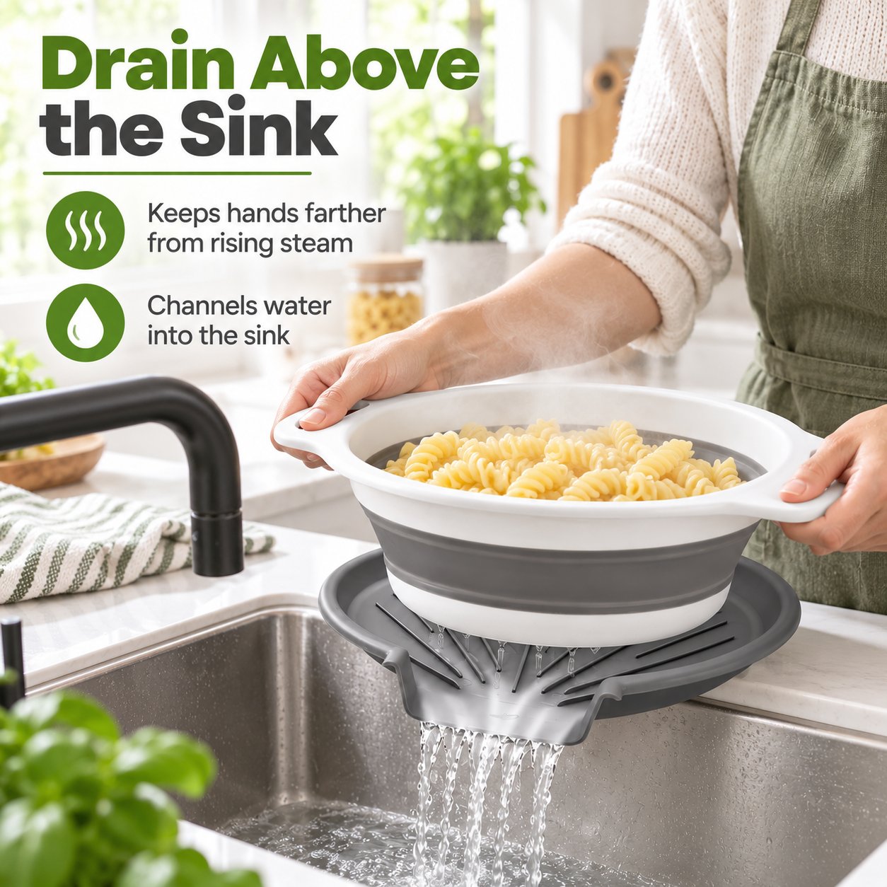 Drain hot pasta into kitchen sink