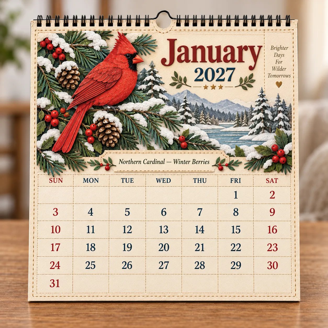 January Northern Cardinal Winter Berries