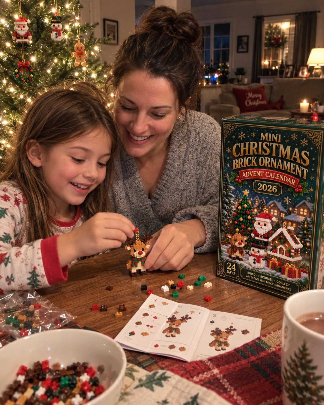 A mother and child assemble a reindeer ornament together at a table.