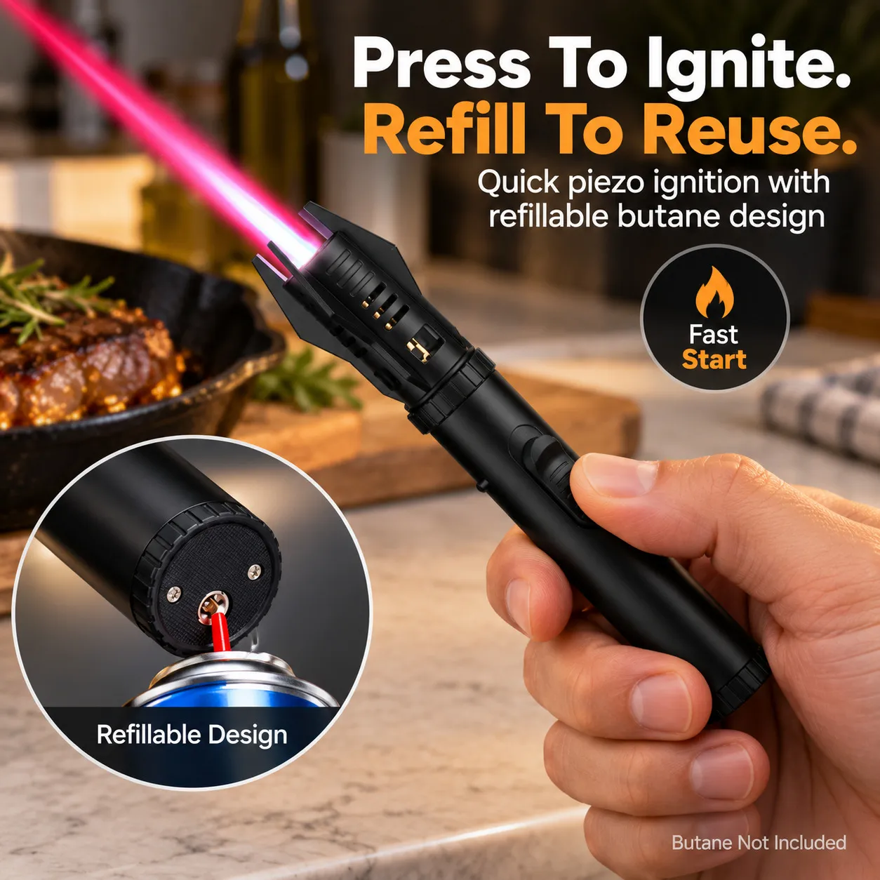 Refillable butane torch lighter with piezo ignition and refill port