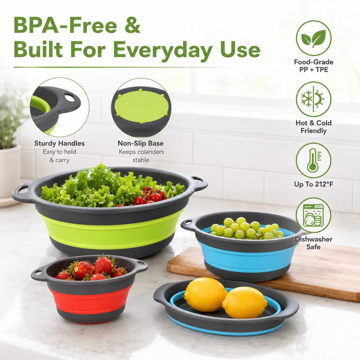 BPA-free collapsible draining bowls made from food-grade PP and TPR