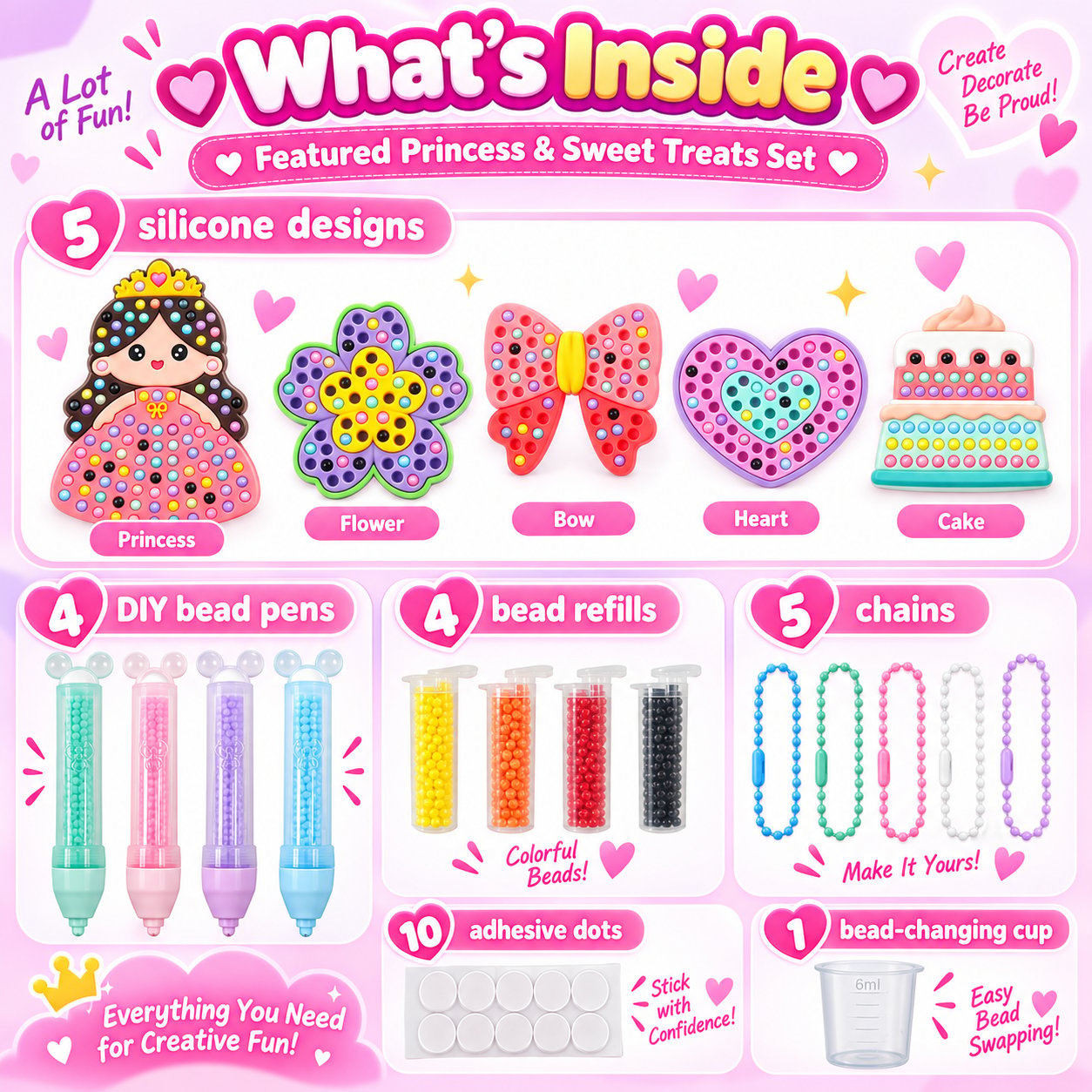 What's included in the Princess and Sweet Treats DIY bead pen kit