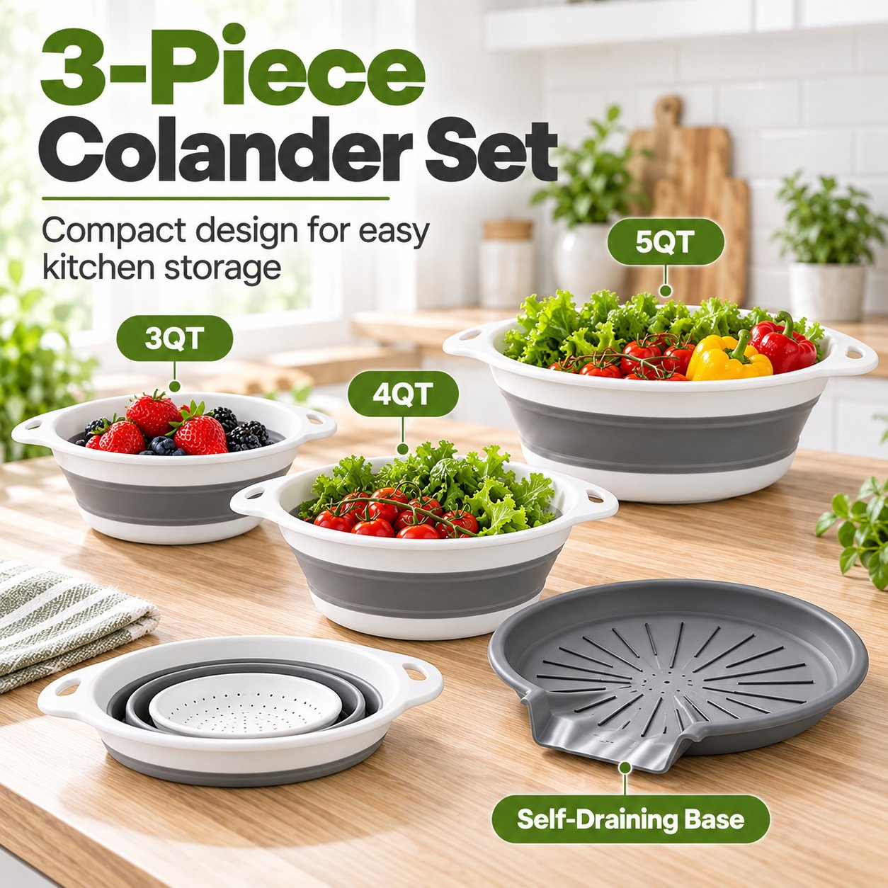Self draining colander base beside kitchen sink