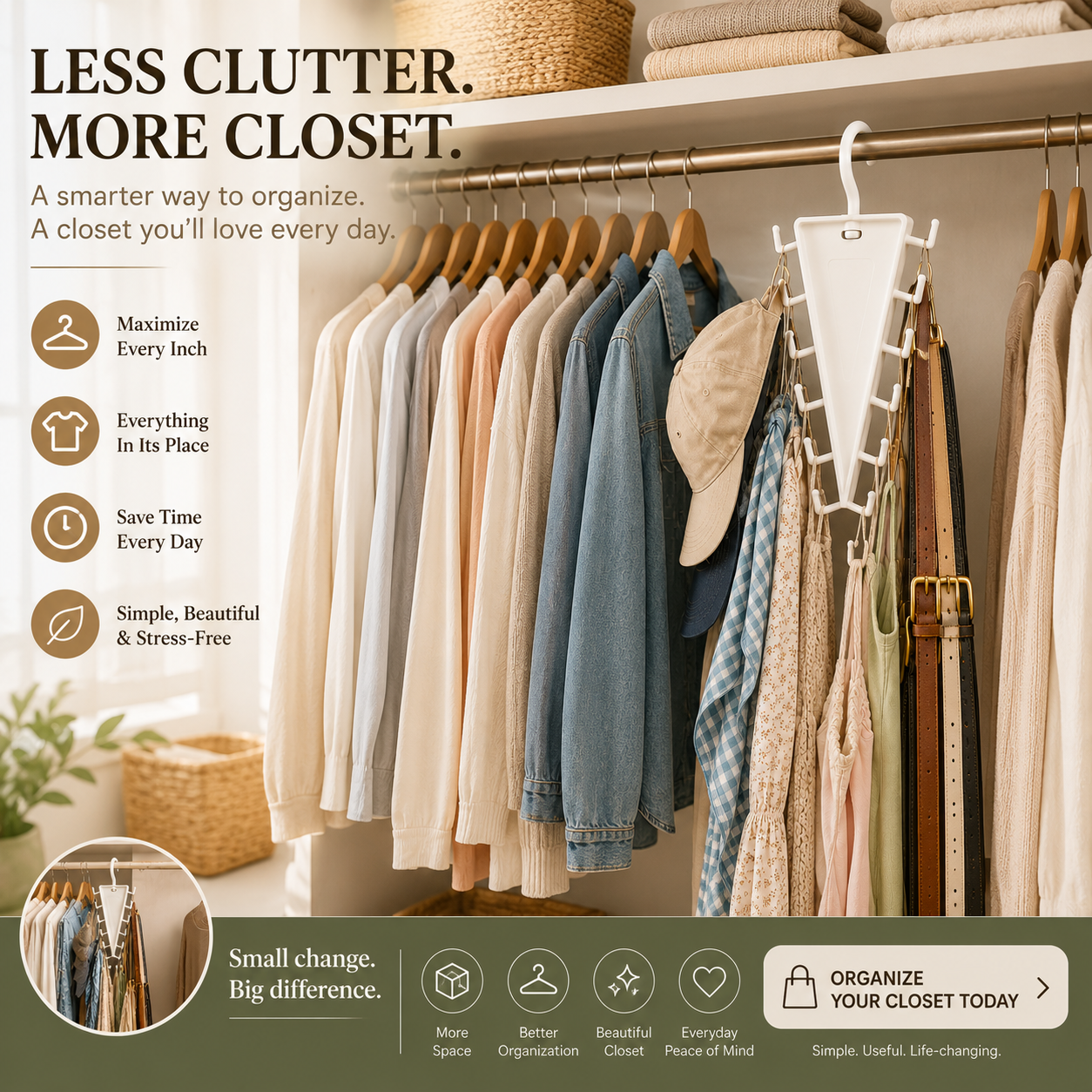 Neat organized closet using a compact vertical accessory hanger