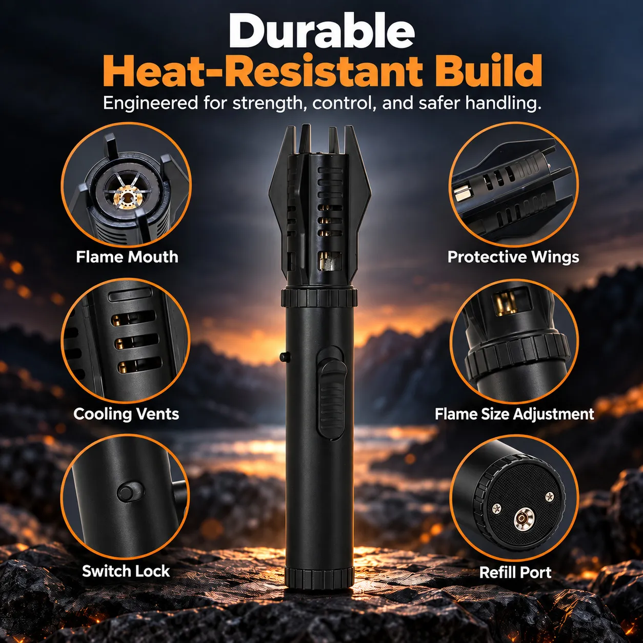 Durable heat resistant turbo torch lighter with cooling vents safety lock and protective structure