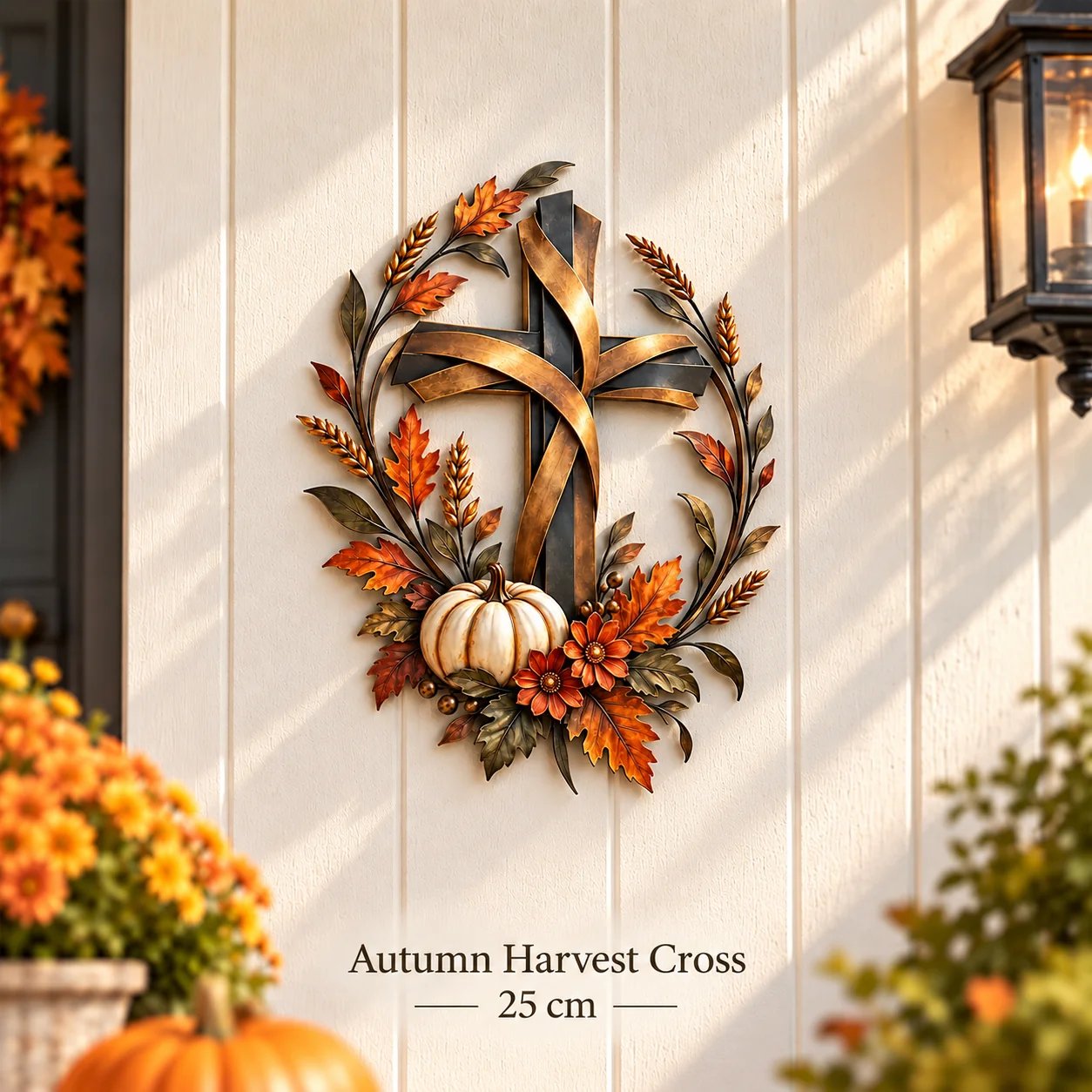 A bronze-toned Autumn Harvest Cross with a white pumpkin and fall foliage, shown in the 25 cm size.