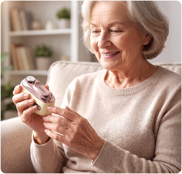 Senior woman using an electric nail care device