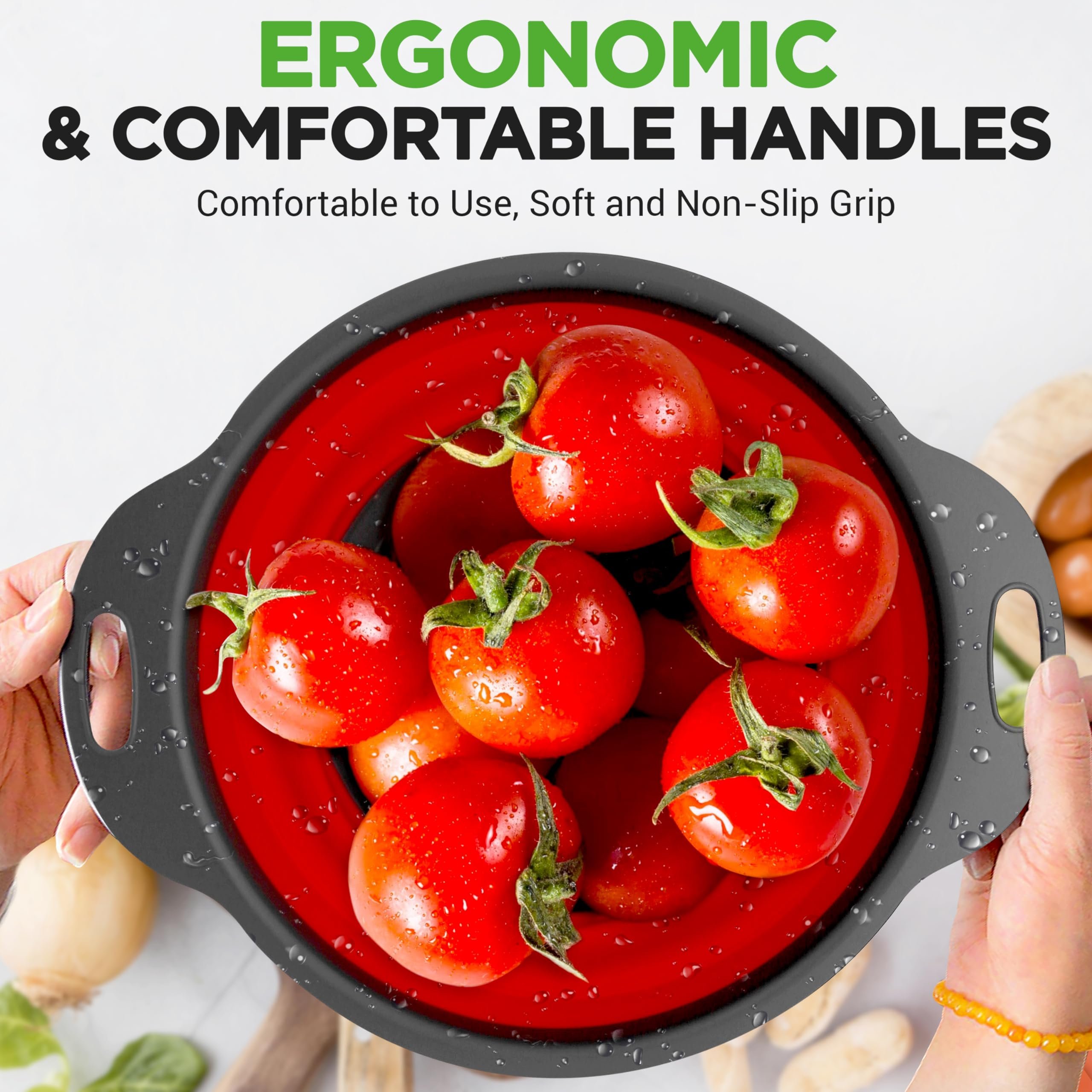 Ergonomic integrated handles on collapsible draining bowl