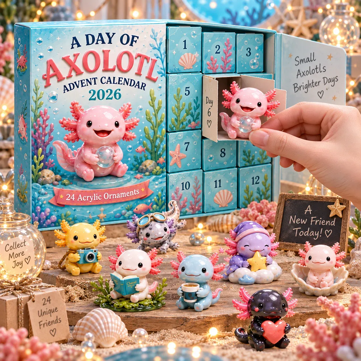 Axolotl charm collection displayed after Christmas