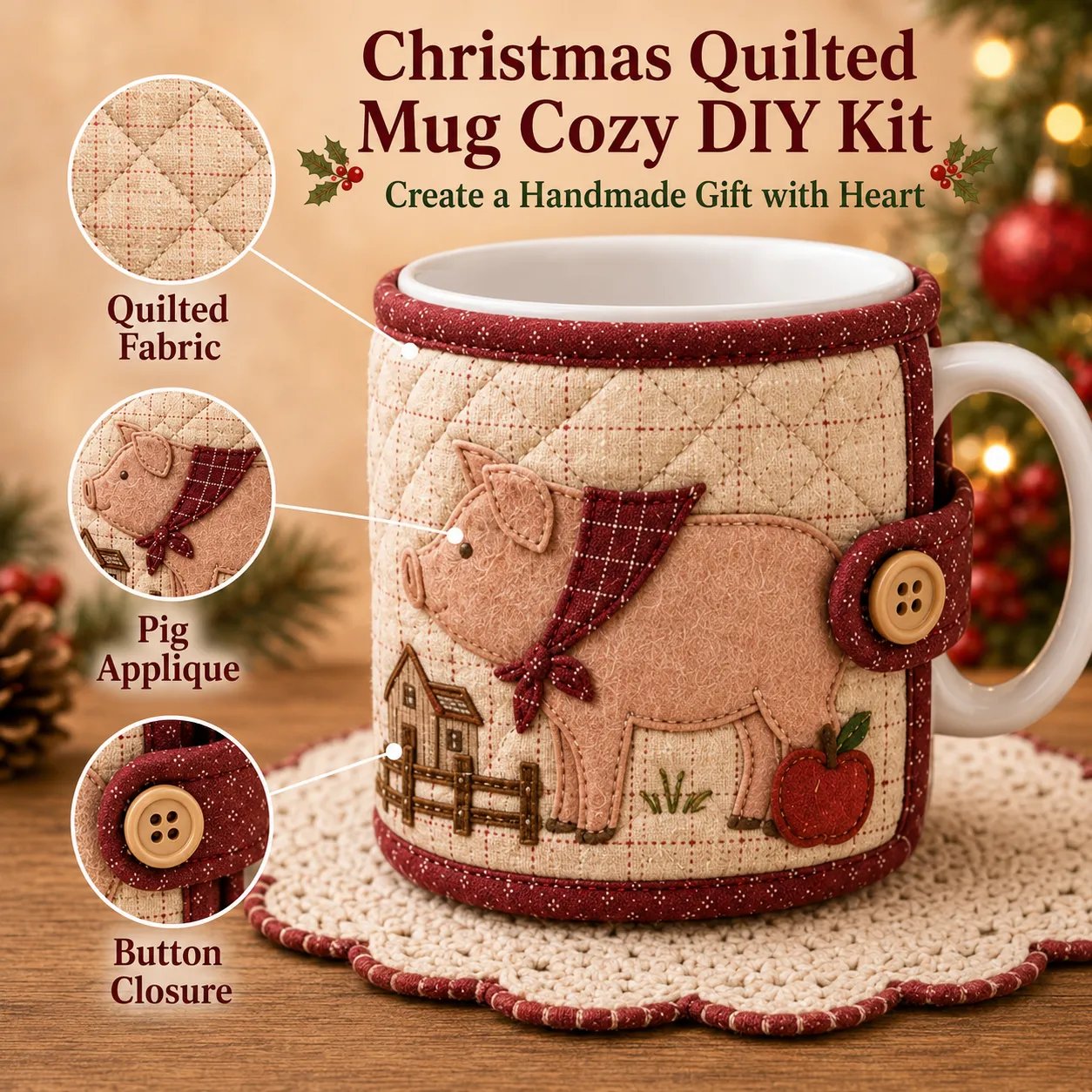 Farmhouse mug cozy quilted details