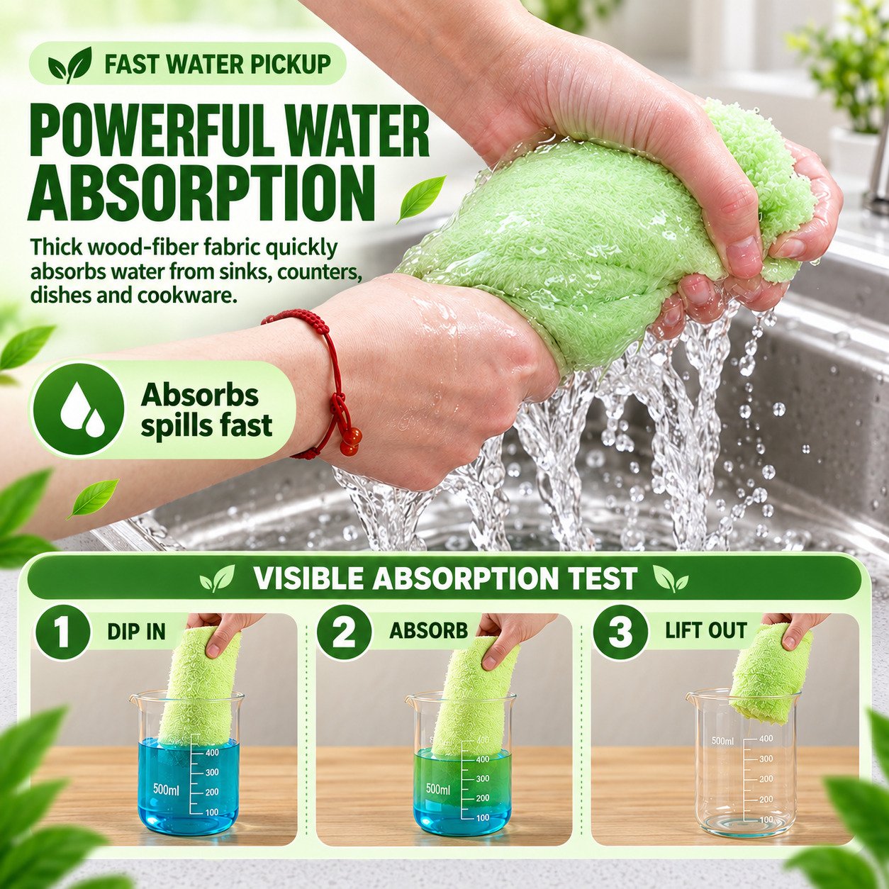 Highly absorbent wood fiber kitchen cloth soaking up water