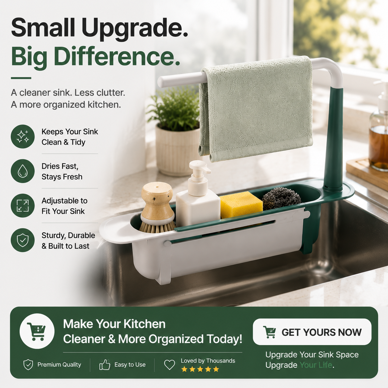 Organized kitchen sink with adjustable sink caddy