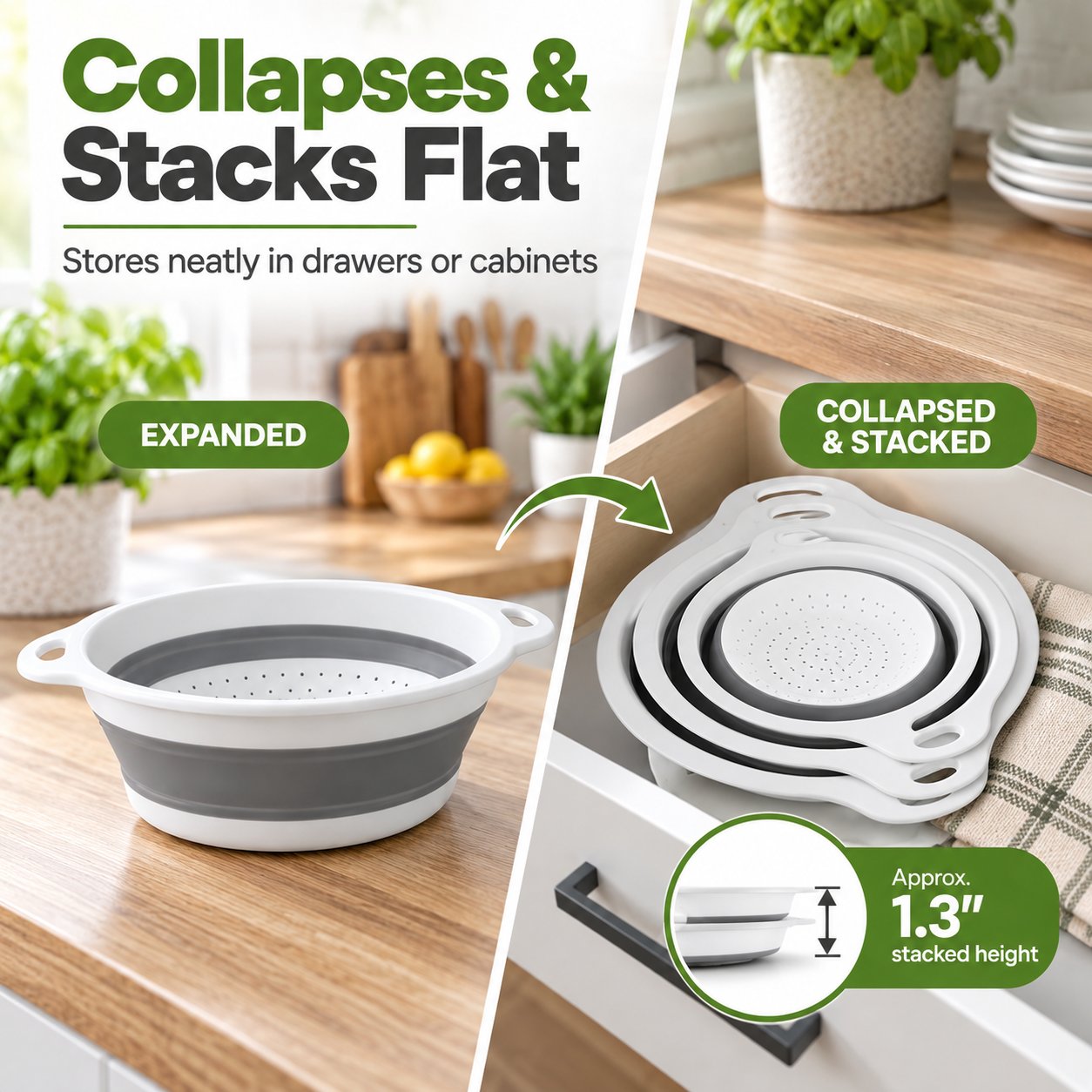 Collapsible colanders stacked flat in kitchen drawer