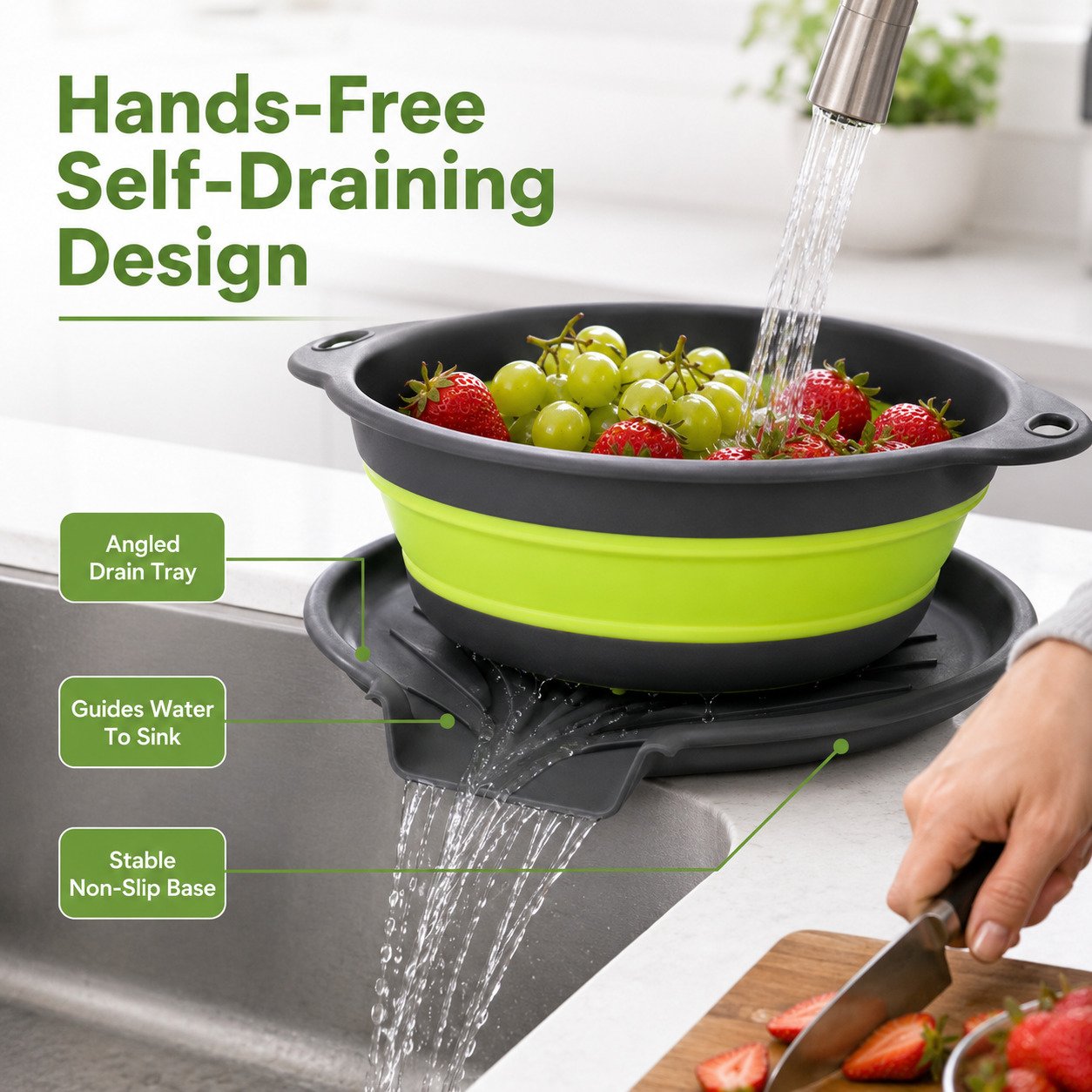 Hands-free self-draining collapsible bowl with angled sink tray