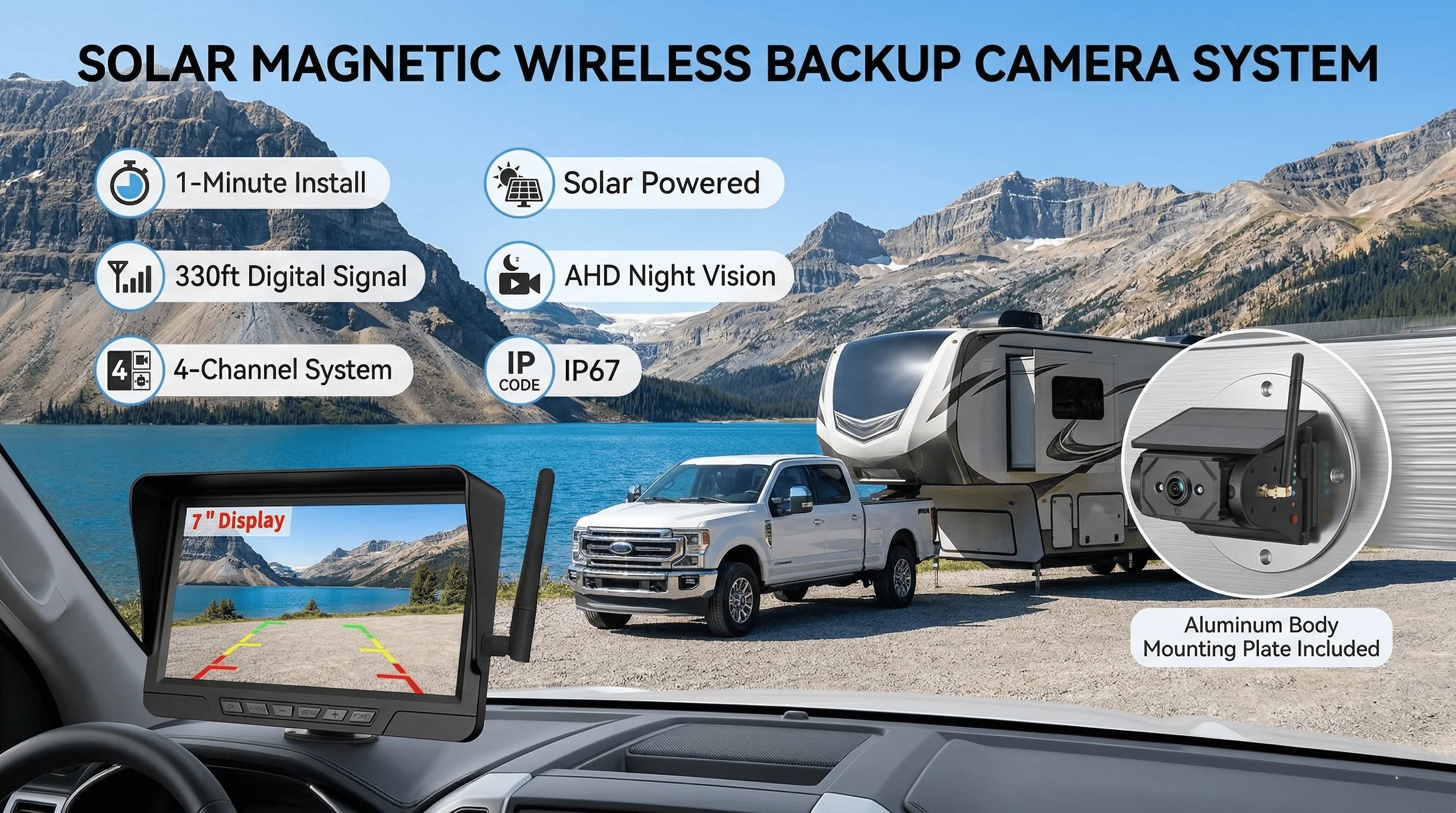 Mroace Magnetic Solar Wireless Backup Camera