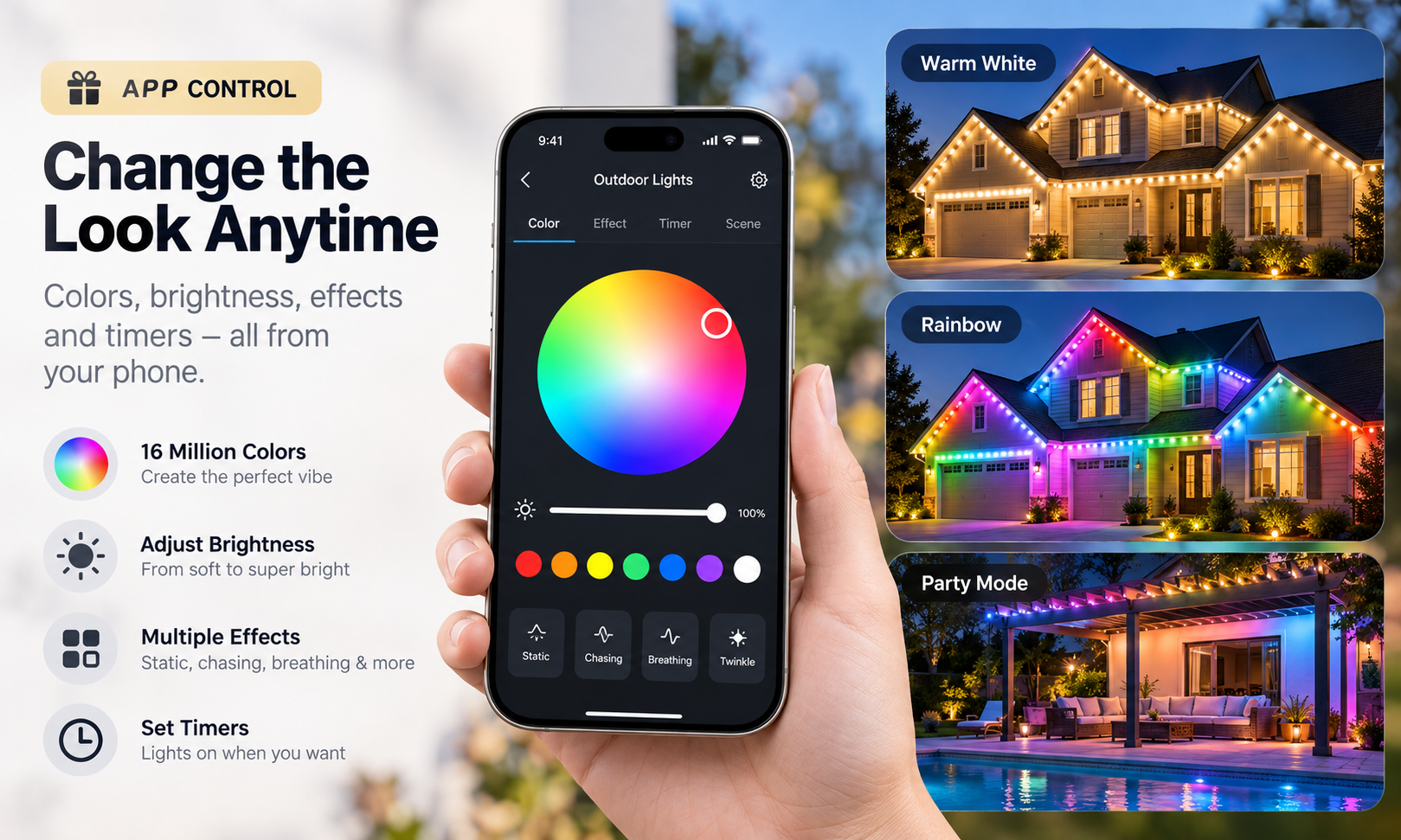 Smartphone app control for permanent outdoor lights