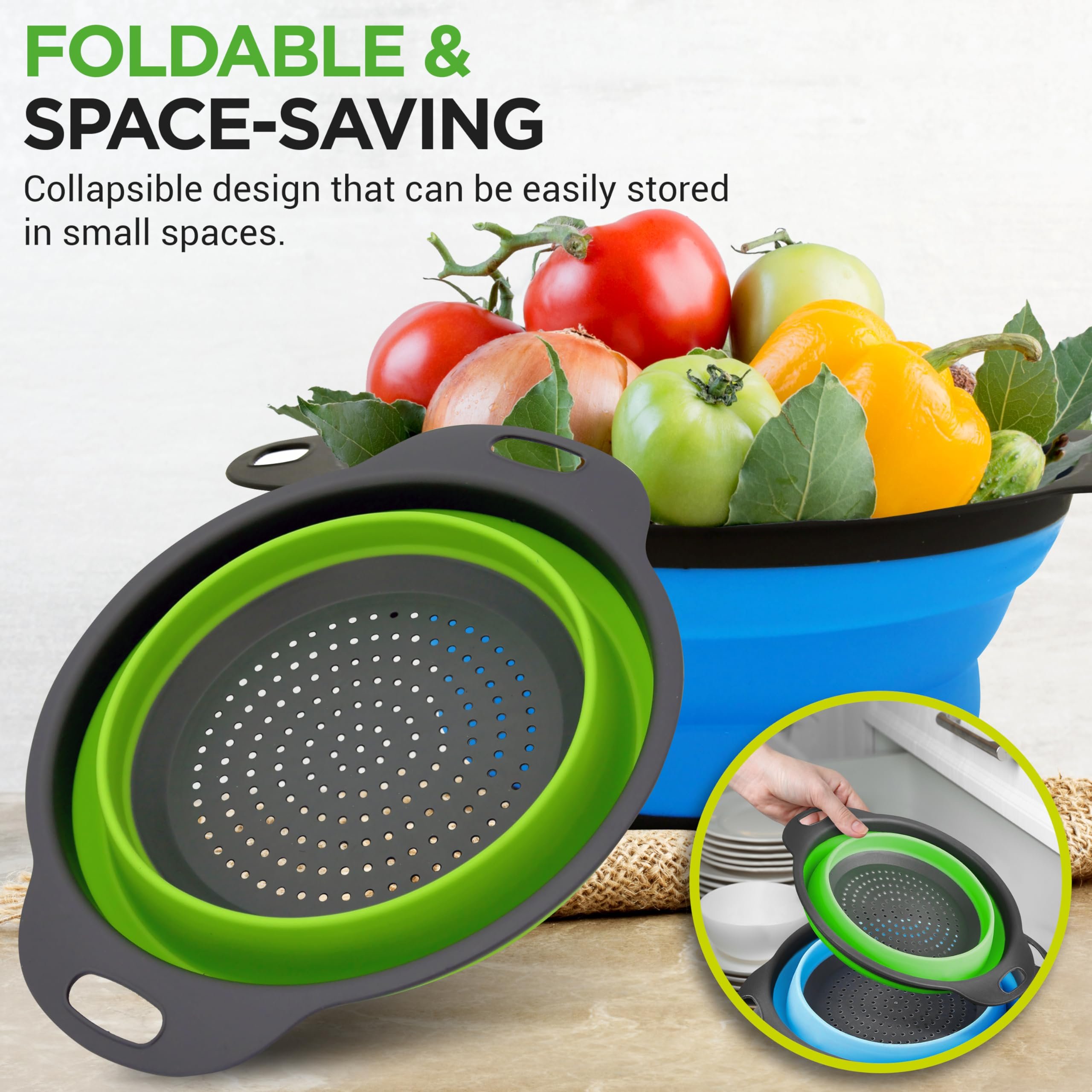 Foldable collapsible draining bowls stored flat