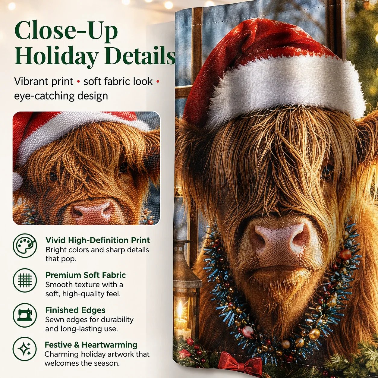 Close-up Highland cow Christmas door curtain fabric and print details