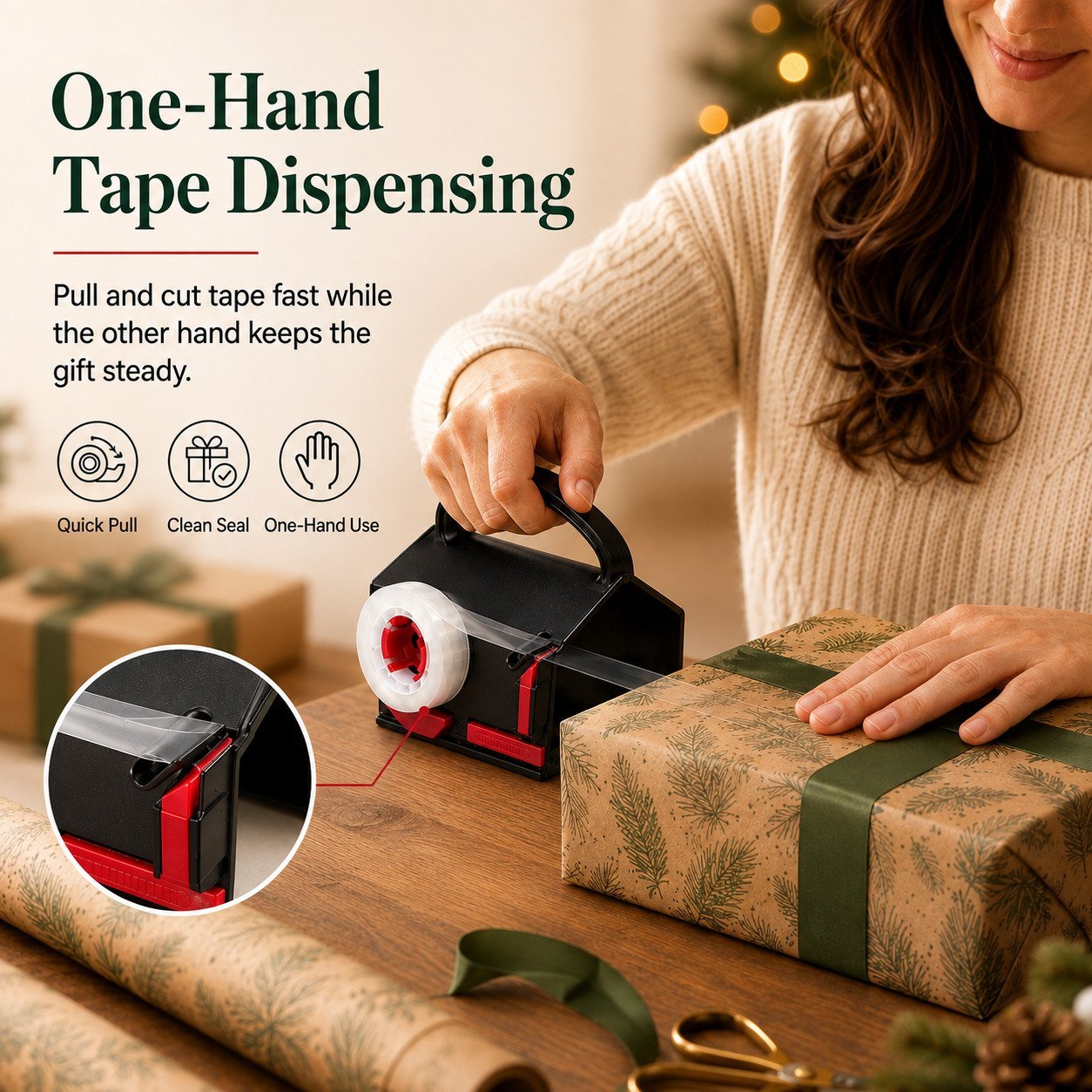 One hand tape dispensing for gift wrapping