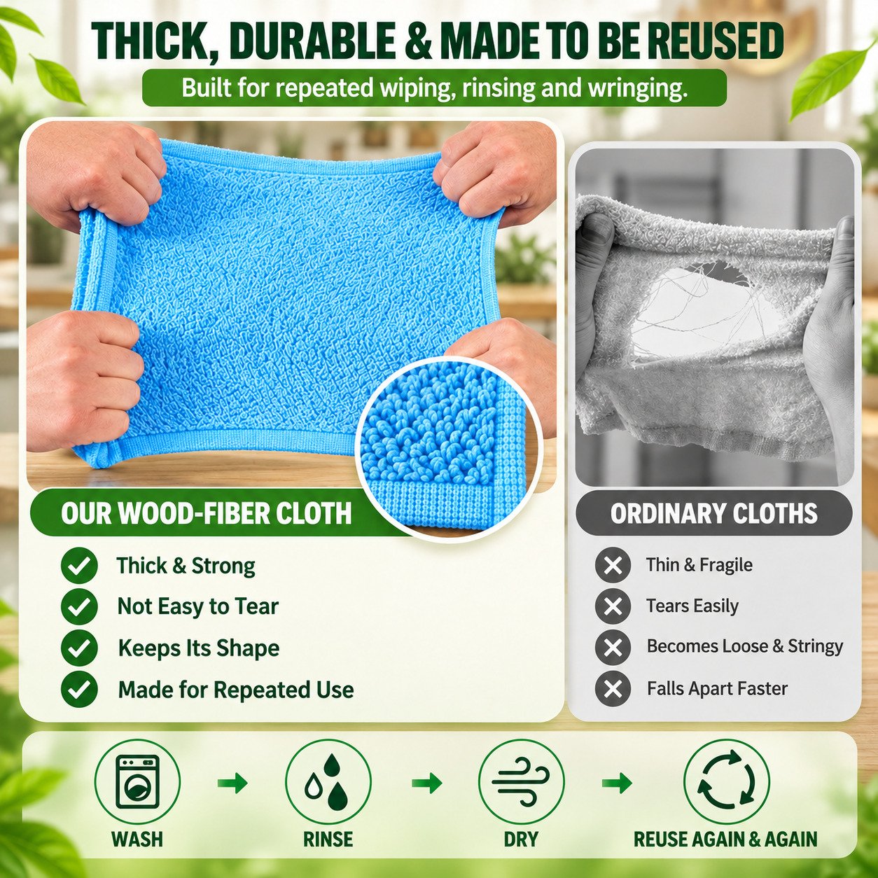 Thick durable reusable wood fiber kitchen cloth