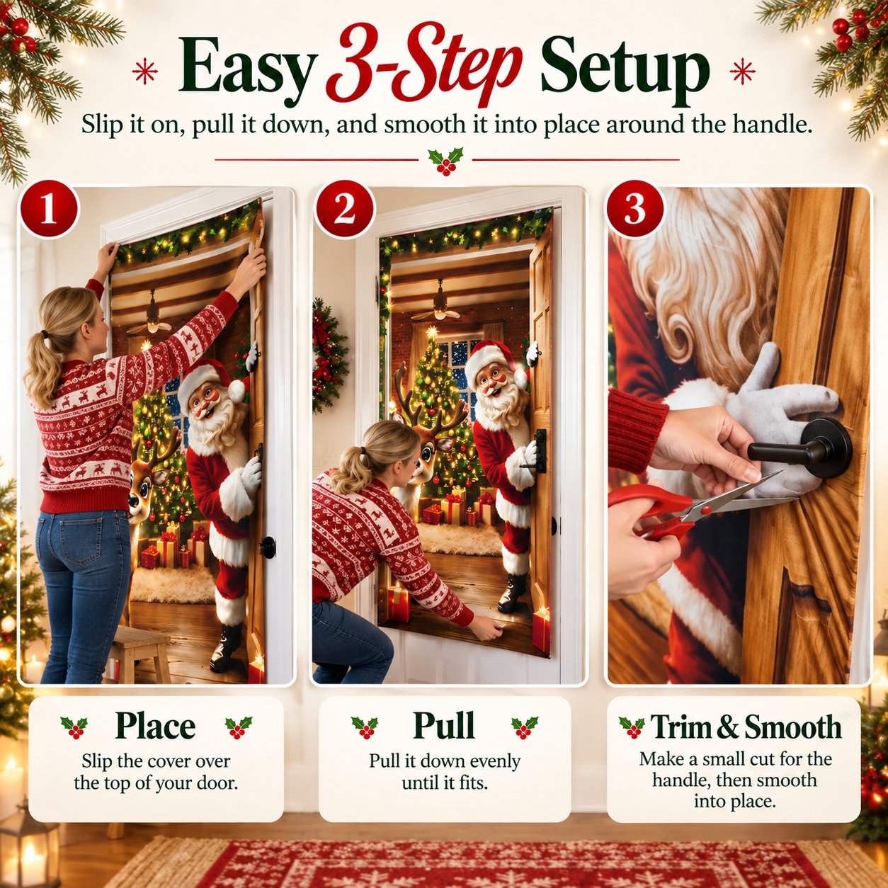 Close-up view of the printed Christmas door cover and flexible edge detail