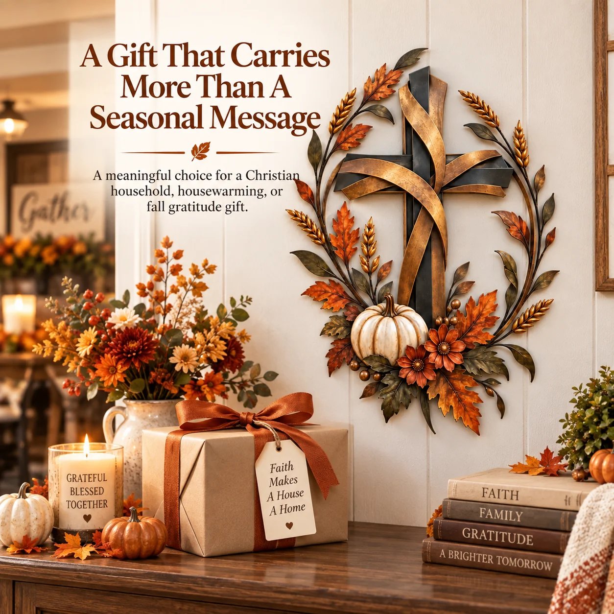 The Autumn Harvest Cross styled beside a wrapped present and fall decorations in a warm home.