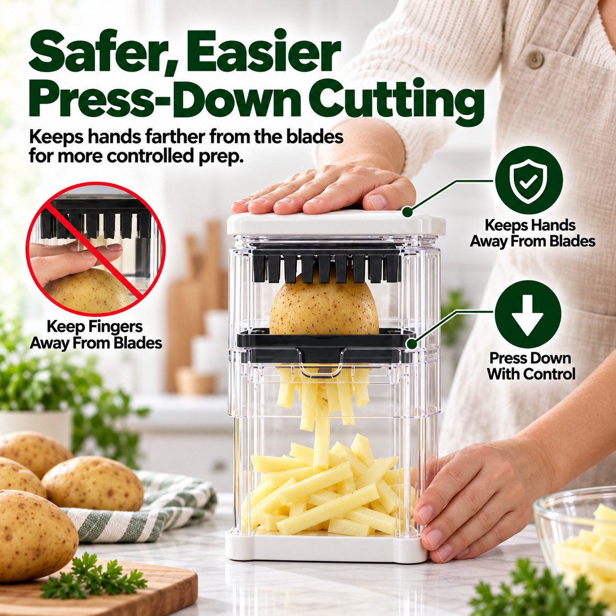 Press down vegetable cutter designed to keep hands farther from blades