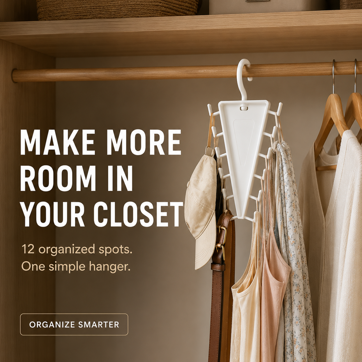 12-hook space-saving closet organizer holding everyday accessories