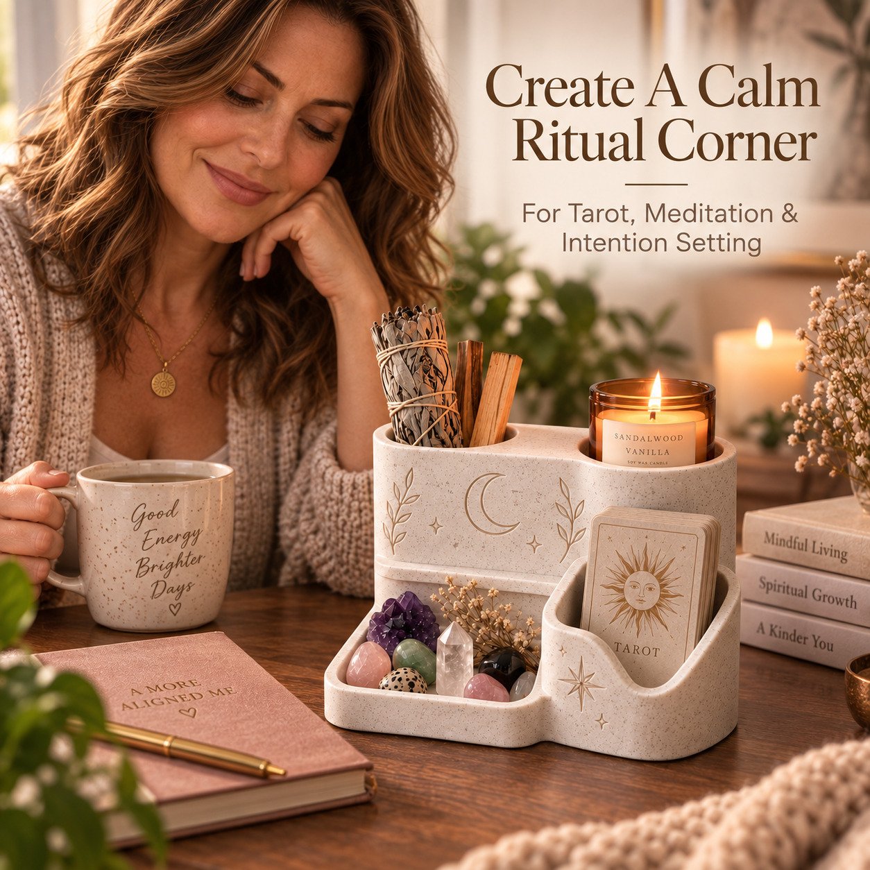 Woman enjoying a calm tarot and meditation ritual space