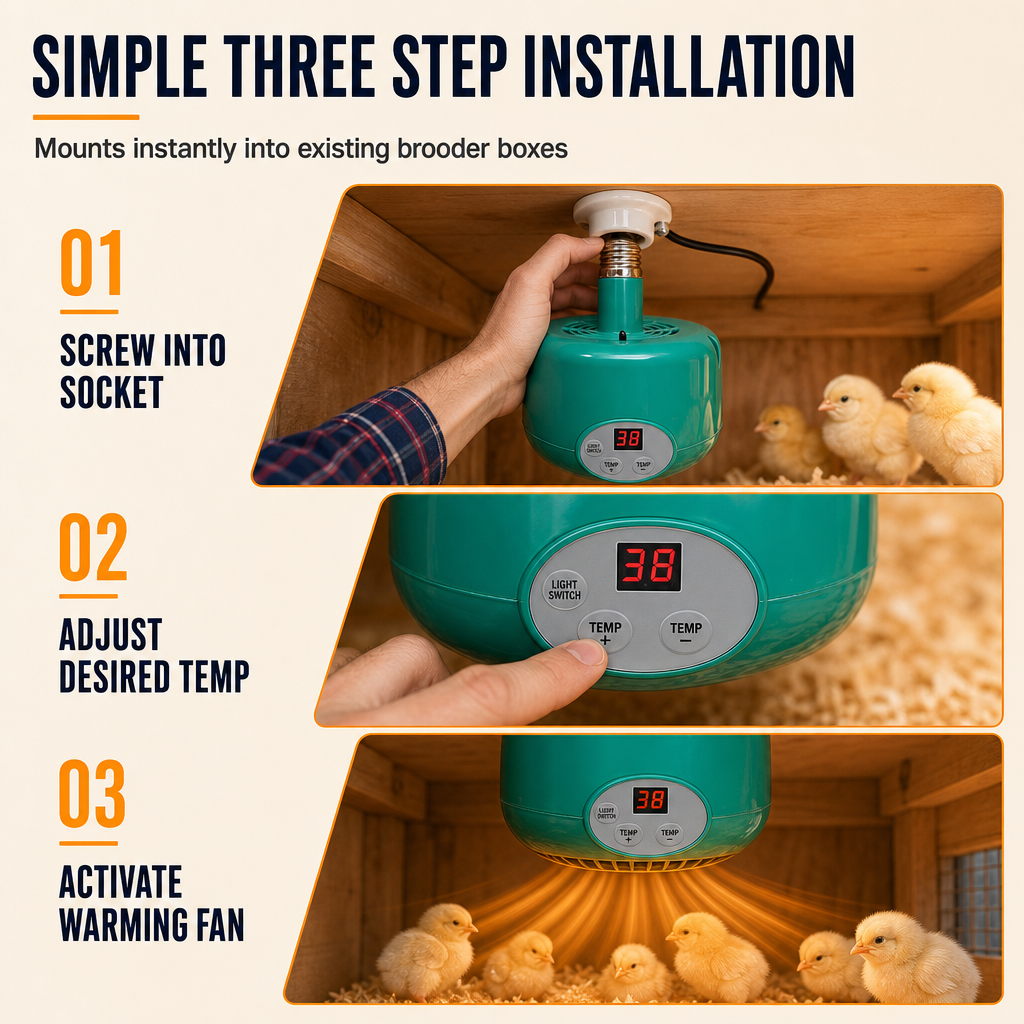 Three step E27 brooder heater installation