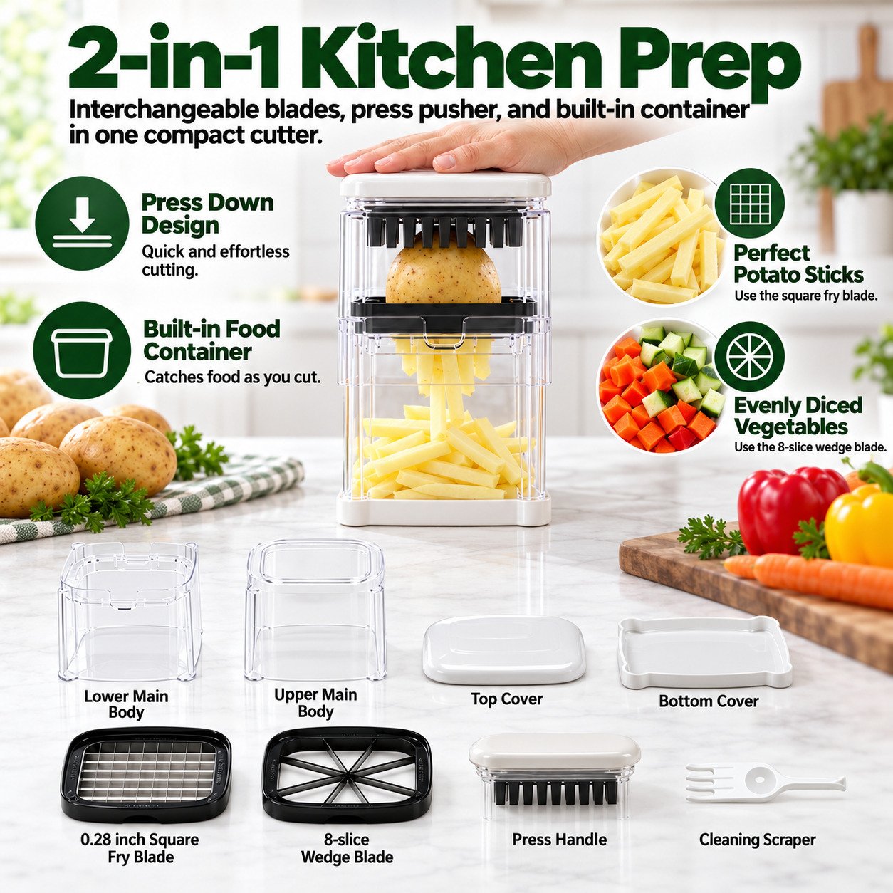 2-in-1 vegetable and French fry cutter parts and interchangeable blades