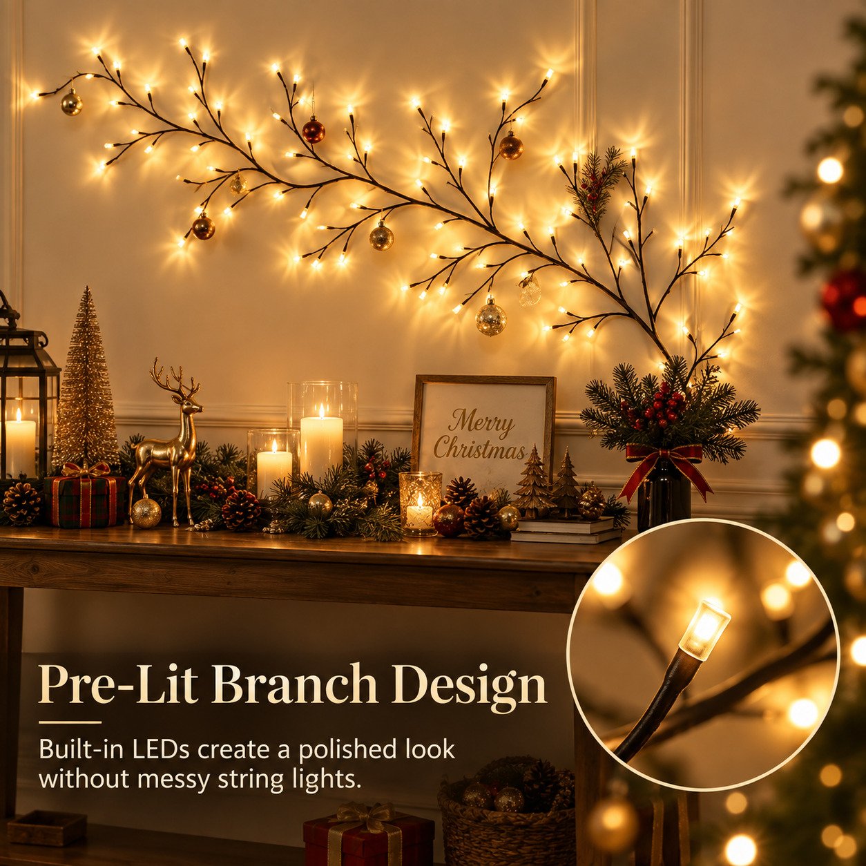 Pre-lit flexible branch design with built-in warm LED lights