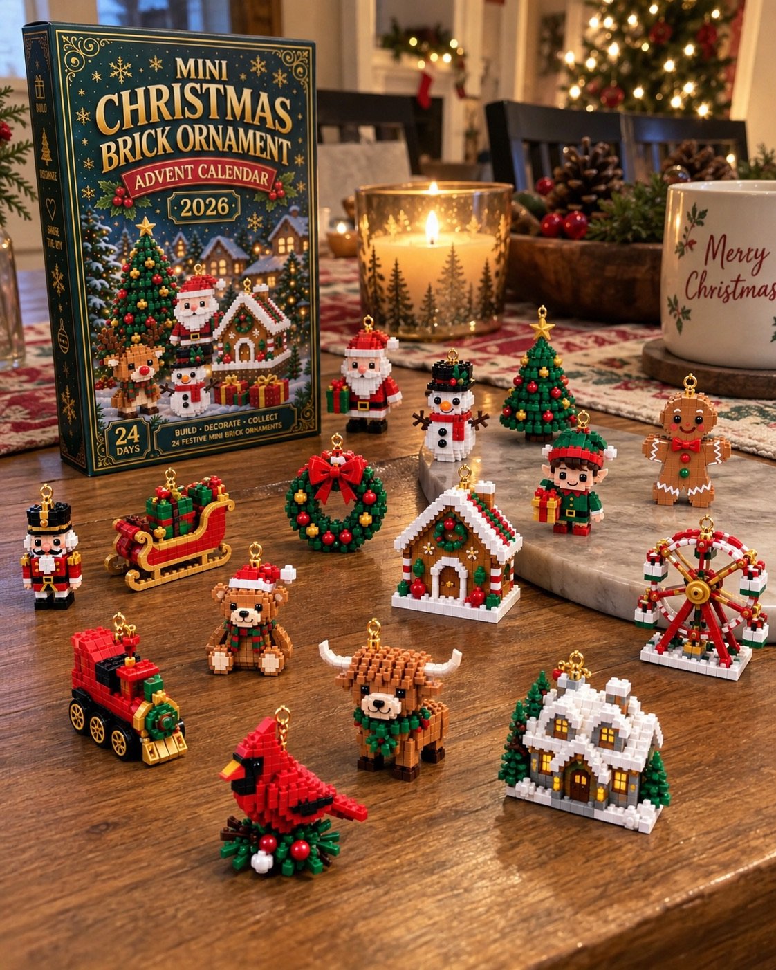 A collection of Christmas brick ornaments displayed on a table with the Advent calendar.