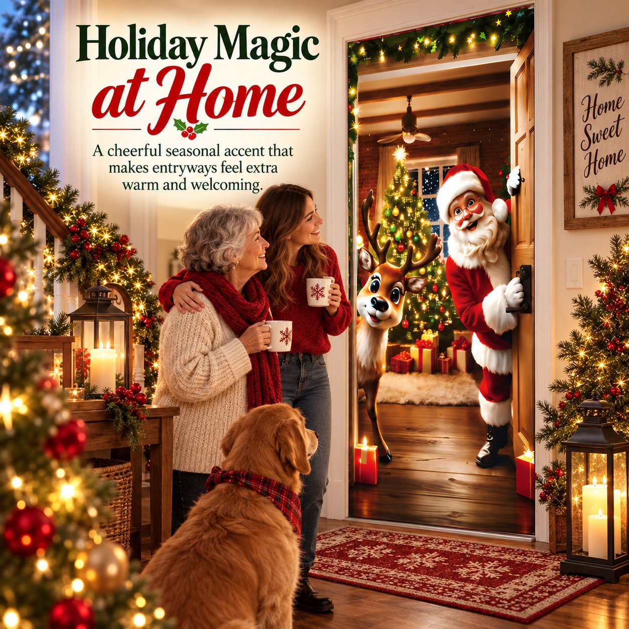 Family enjoying a festive entryway decorated with a Santa and reindeer Christmas door cover