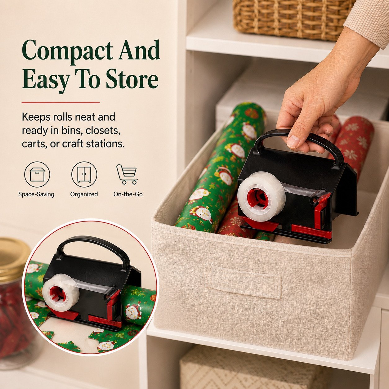 Compact gift wrapping cutter and tape dispenser storage