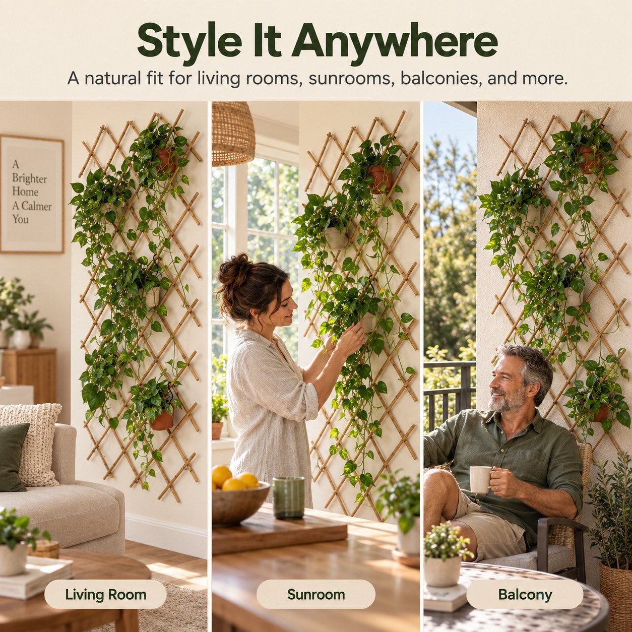 Expandable bamboo plant trellis in living room sunroom and balcony settings