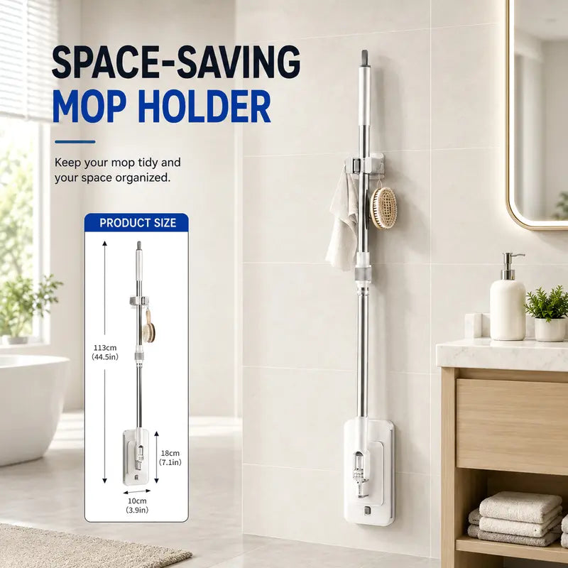 Space saving wall mounted floor mop storage