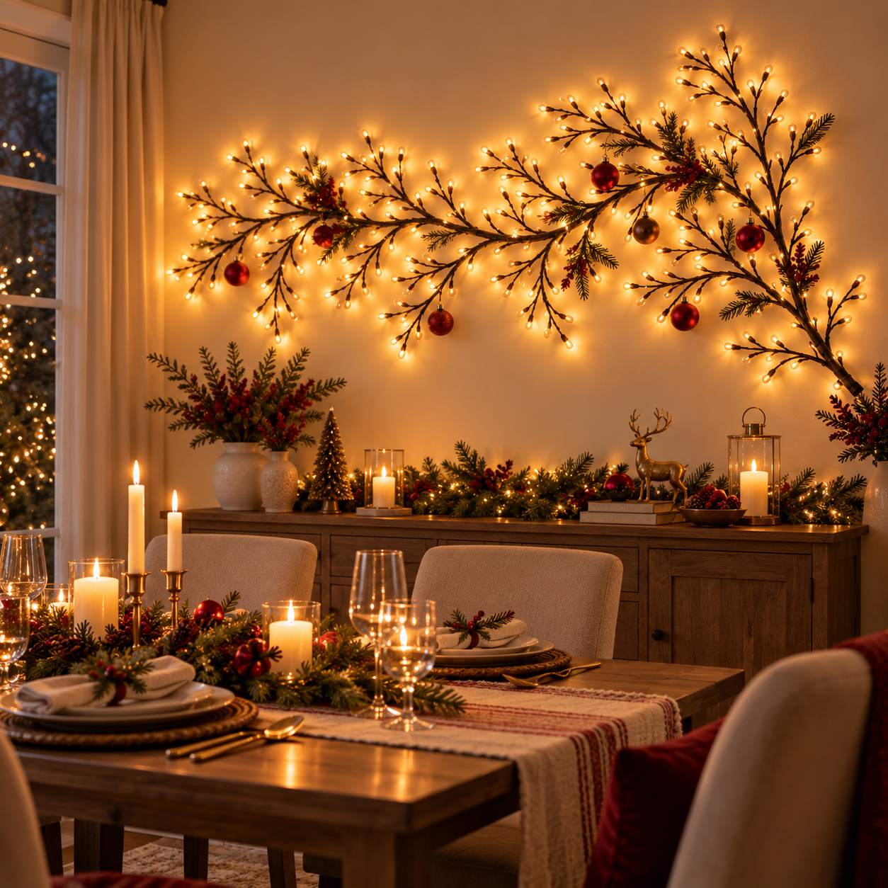 Flexible LED branch lights styled as warm Christmas wall decor