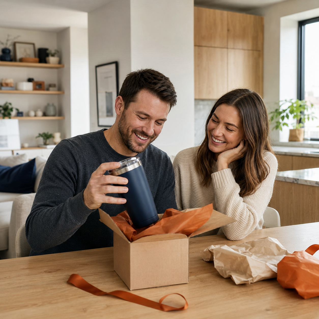 A couple opening a thoughtfully selected everyday gift in their home