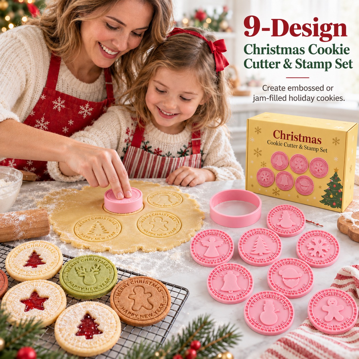 An adult and child use the pink Christmas cookie stamps beside the gift box and finished cookies.