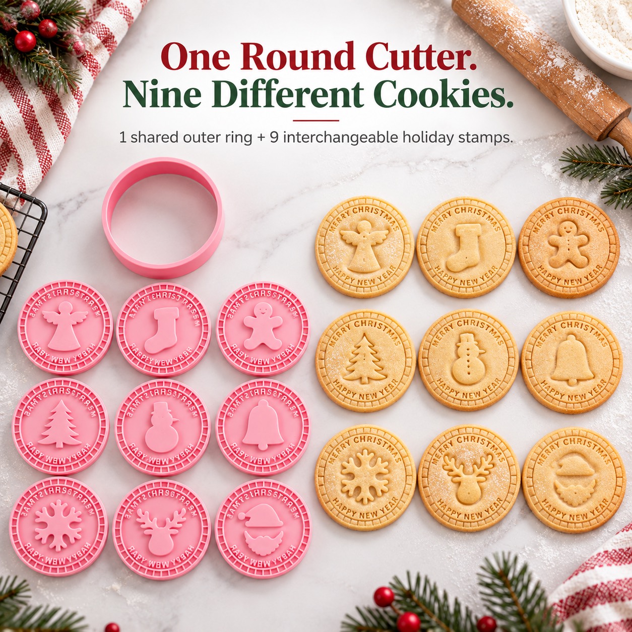 One round cutter and all nine Christmas stamp designs, with matching embossed cookies.