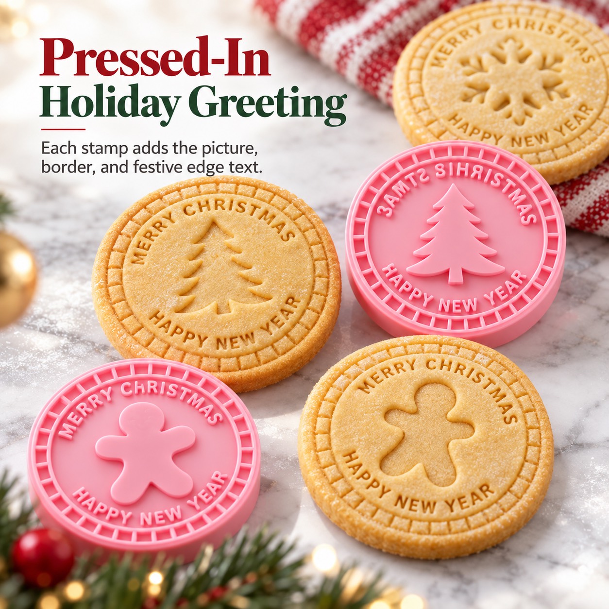 Close-up of the Christmas motifs, border and pressed-in holiday greetings.