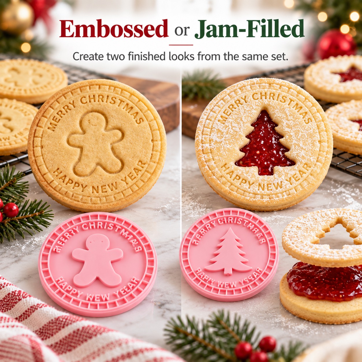 An embossed gingerbread cookie and a jam-filled Christmas tree sandwich cookie.