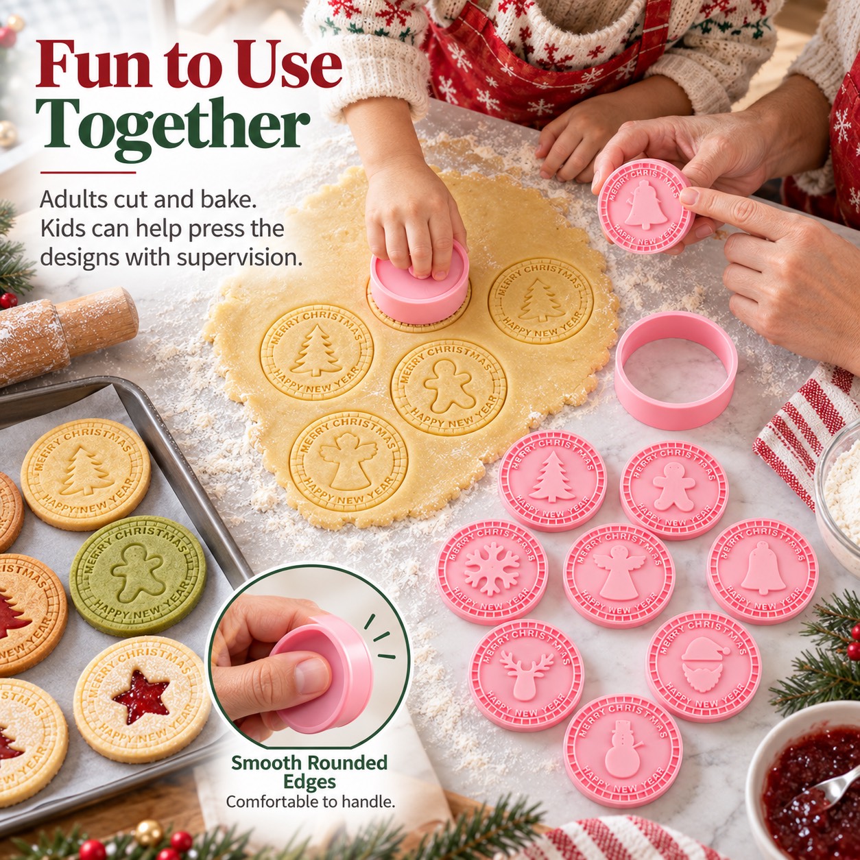 Children help press holiday cookie designs with adult supervision.