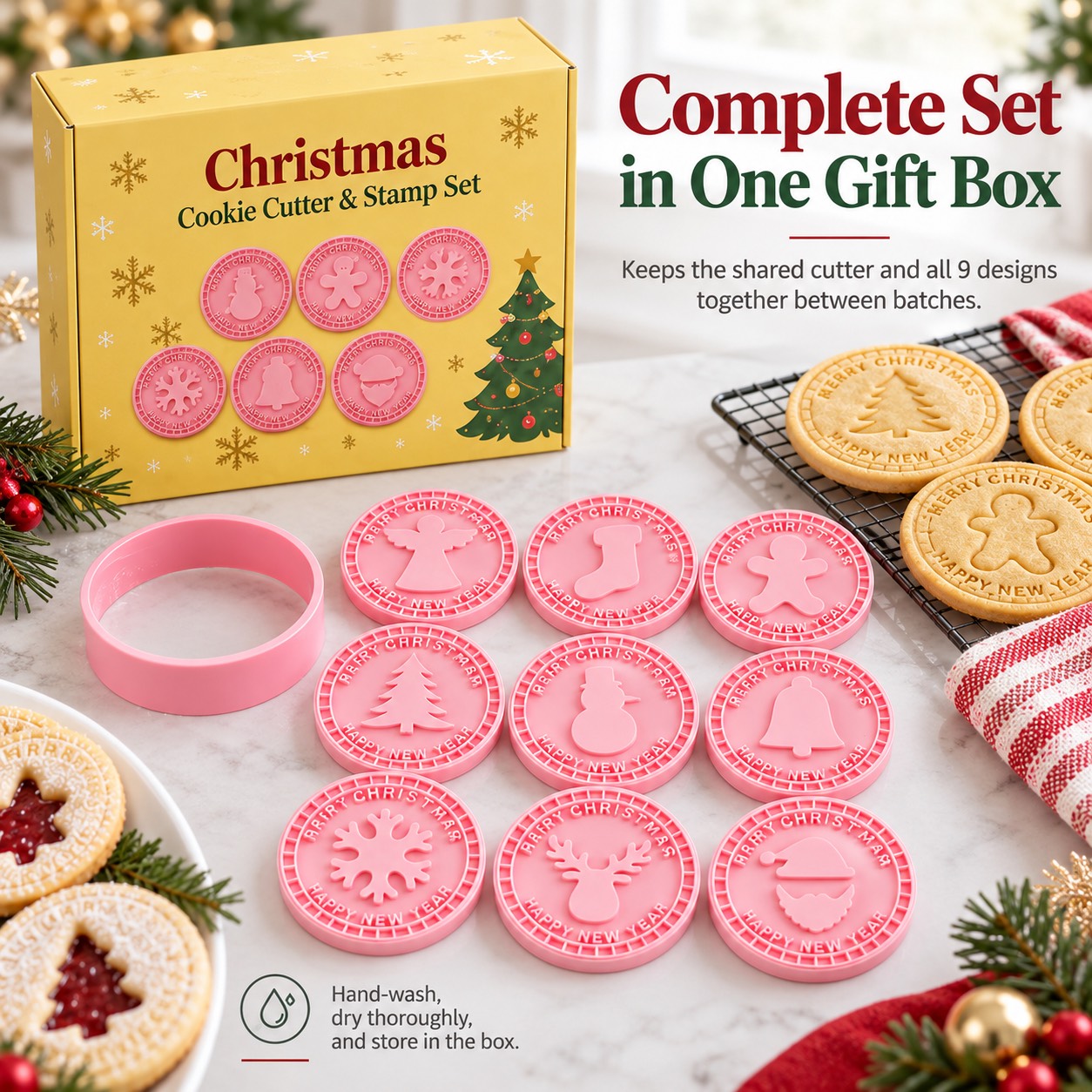The shared cutter and nine pink stamps with their Christmas presentation box.