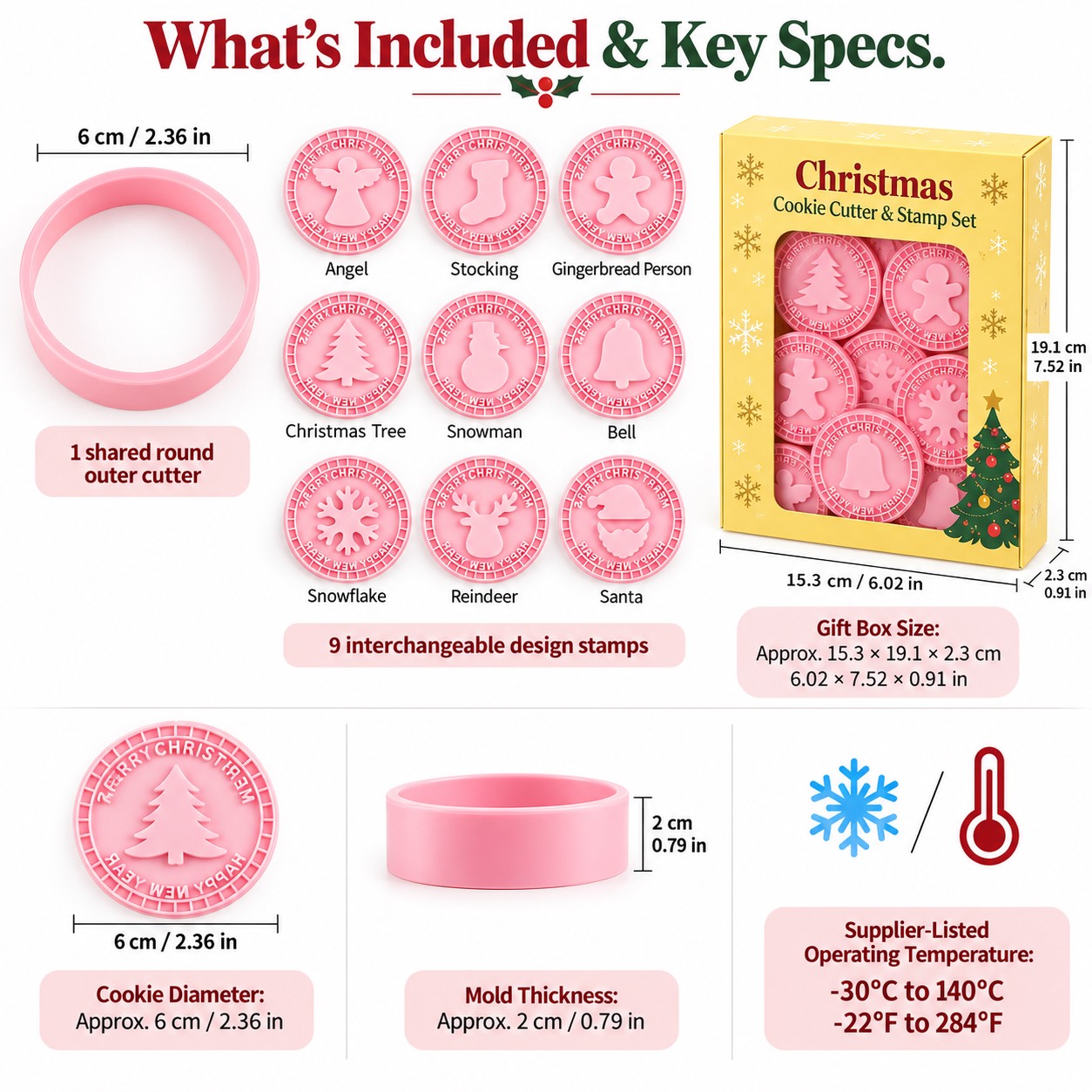 The complete set, nine motif names and the supplied product measurements.