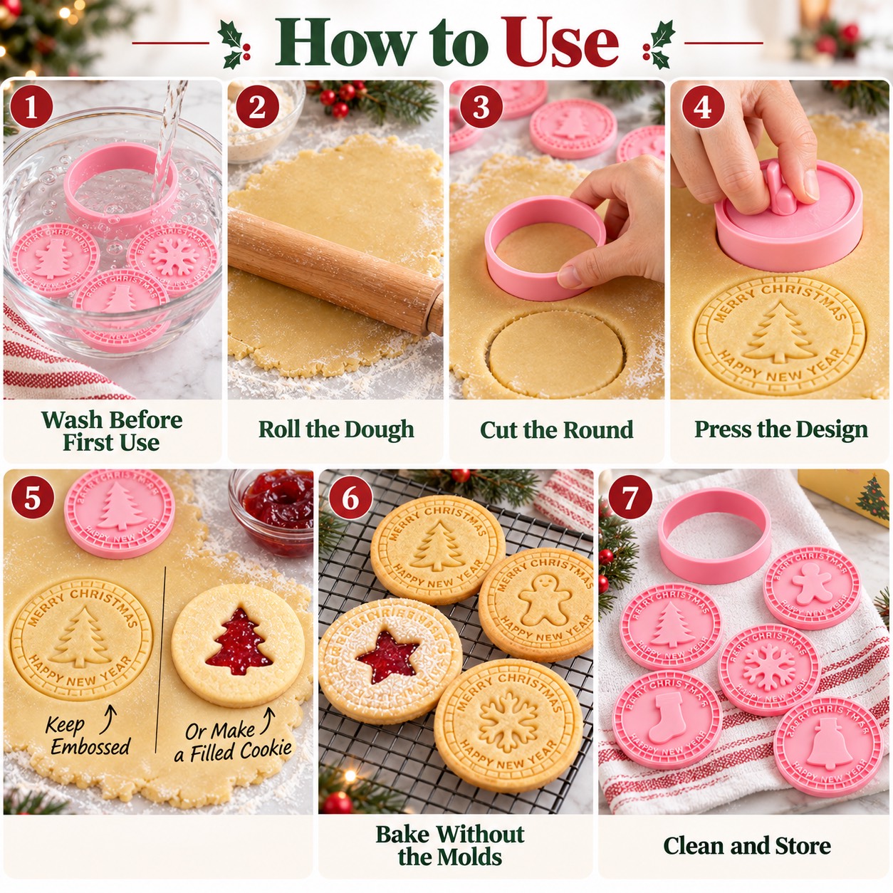 Seven illustrated steps from washing and rolling dough to baking without the molds and storing the clean set.