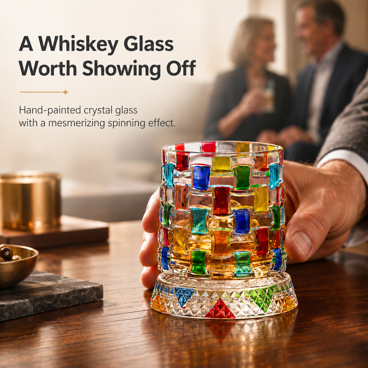 Hand painted spinning crystal whiskey glass displayed on home bar table